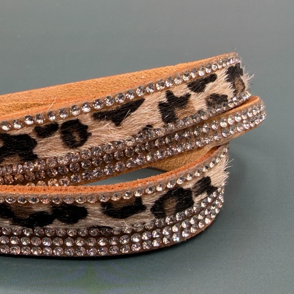 Leopard Print Rhinestone Wrap Bracelet Tan Suede Crystal Sparkle Boho Statement - Picture 7 of 13